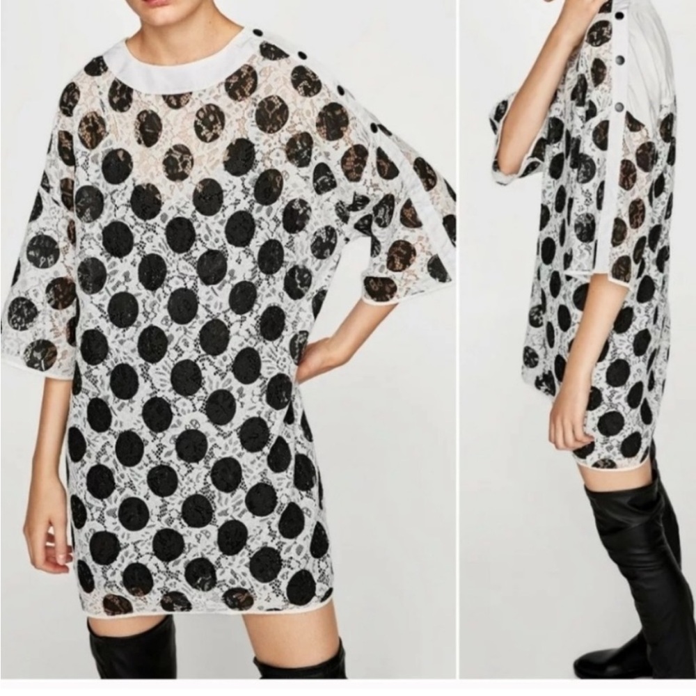 NWT Zara Polka Dot Lace Dress Black/White Size S